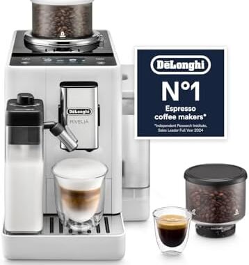 De’Longhi Rivelia EXAM440.55.W, Fully Automatic Coffee Machine with LatteCrema Hot, Automatic Milk Frother, Compact Size Bean to Cup Coffee Machine, 16 Recipes, Touch Colored Display, Arctic White