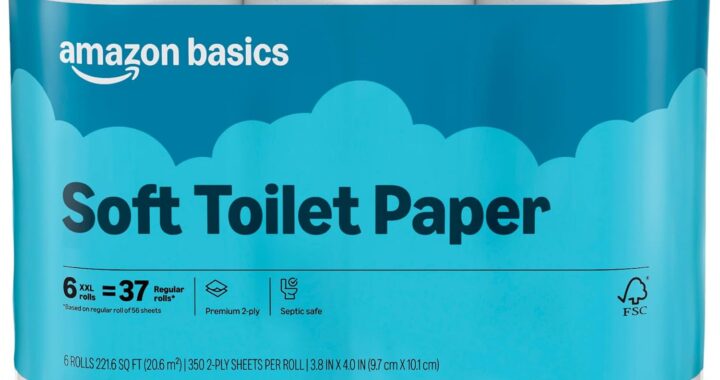 Amazon Basics 2-Ply Soft Toilet Paper, 6 Rolls, 350 Sheets per Roll, Equivalent to 37 Regular Rolls, Septic Safe