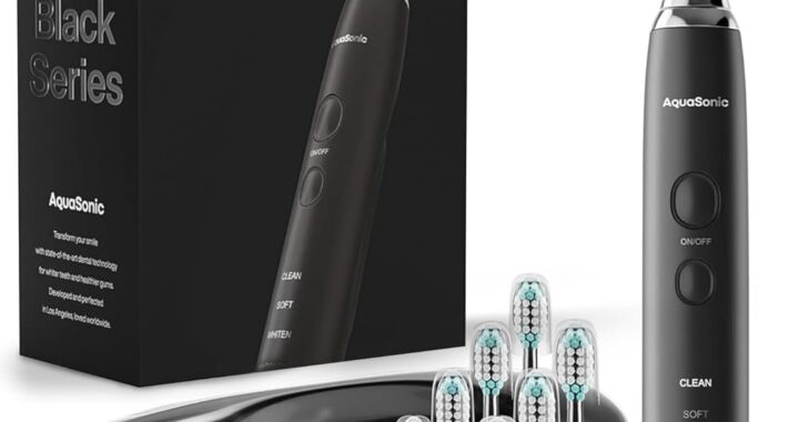 Aquasonic Black Series Ultra Whitening Toothbrush – ADA Accepted Electric Toothbrush- 8 Brush Heads & Travel Case – 40,000 VPM Electric Motor & Wireless Charging – 4 Modes w Smart Timer
