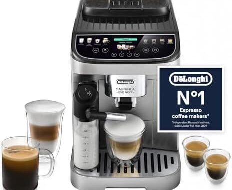 De’Longhi Magnifica Evo Next – Perfetto Automatic Coffee Machine with LatteCrema Automatic Milk Frothing, 13 One-Touch Drinks, Colour Touch Display, Silver Black (ECAM310.80.SB)