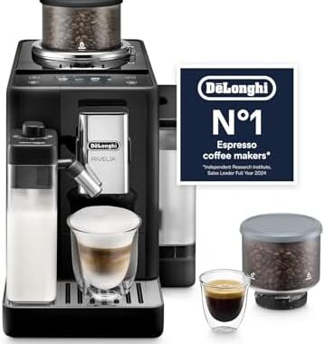 De’Longhi Rivelia – Perfetto Automatic Coffee Machine with LatteCrema Automatic Milk Frothing, 16 One-Touch Drinks, Colour Touch Display, Interchangeable Hoppers, Black (EXAM440.55.B) | Interchangeable bean hoppers and LatteCrema milk frothing system deliver 16 one-touch drinks via a colour touch display.
