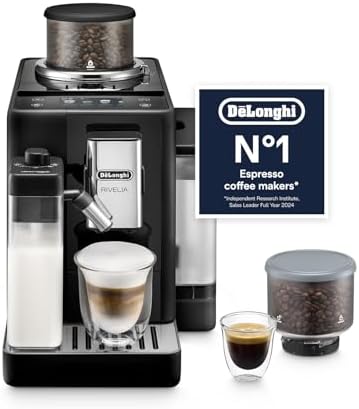 De’Longhi Rivelia - Perfetto Automatic Coffee Machine with LatteCrema Automatic Milk Frothing, 16 One-Touch Drinks, Colour Touch Display, Interchangeable Hoppers, Black (EXAM440.55.B) | Interchangeable bean hoppers and LatteCrema milk frothing system deliver 16 one-touch drinks via a colour touch display.